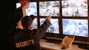 Security Manager with Surveillance Officer monitoring video cameras. Security Services in Canada